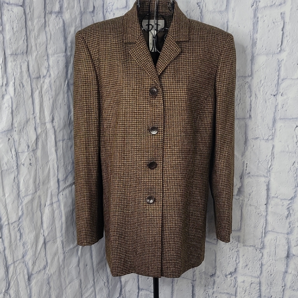 Liz Claiborne Wool Houndstooth Brown/Tan Tailored BlazerJacket Size‎ 12